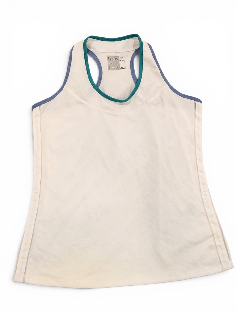 Lucky in Love Soft White Tennis Racerback Tank with Teal and Blue Trim Size M
